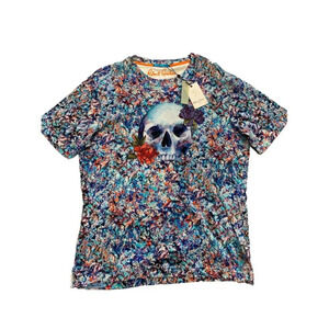 Robert Graham Men's Blue Floral Glass Skull Short Sleeve Cotton Tee XL NWT